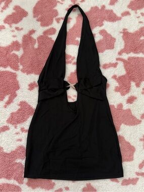 Black Backless Halter Top W Silver Clasp Y2K Deep Plunge Longline Going Out Top